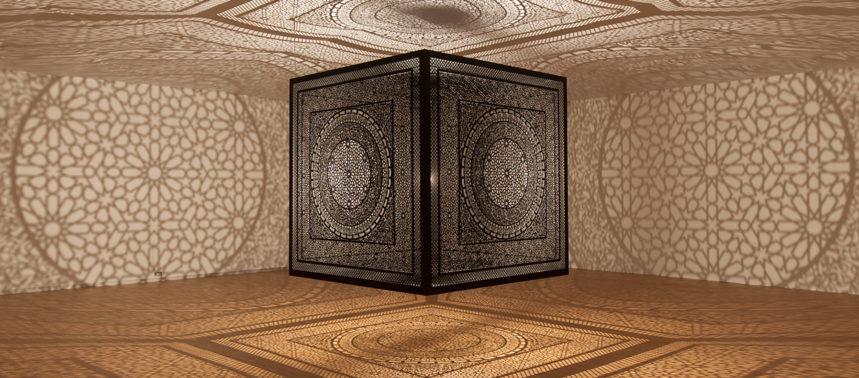 Anila Quayyum Agha. Intersections, 2013. Installation view at Dallas Contemporary, 2015 Photography by Kevin Todora. Courtesy of Dallas Contemporary and ArtPrize Dallas